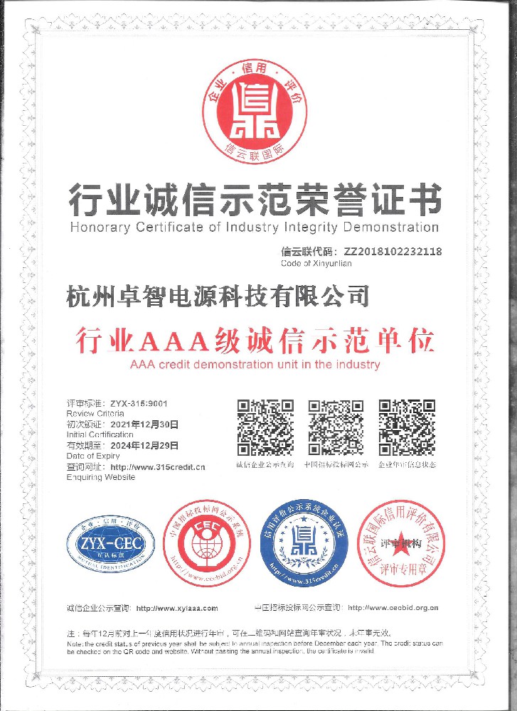行業(yè)誠(chéng)信示范榮譽(yù)證書